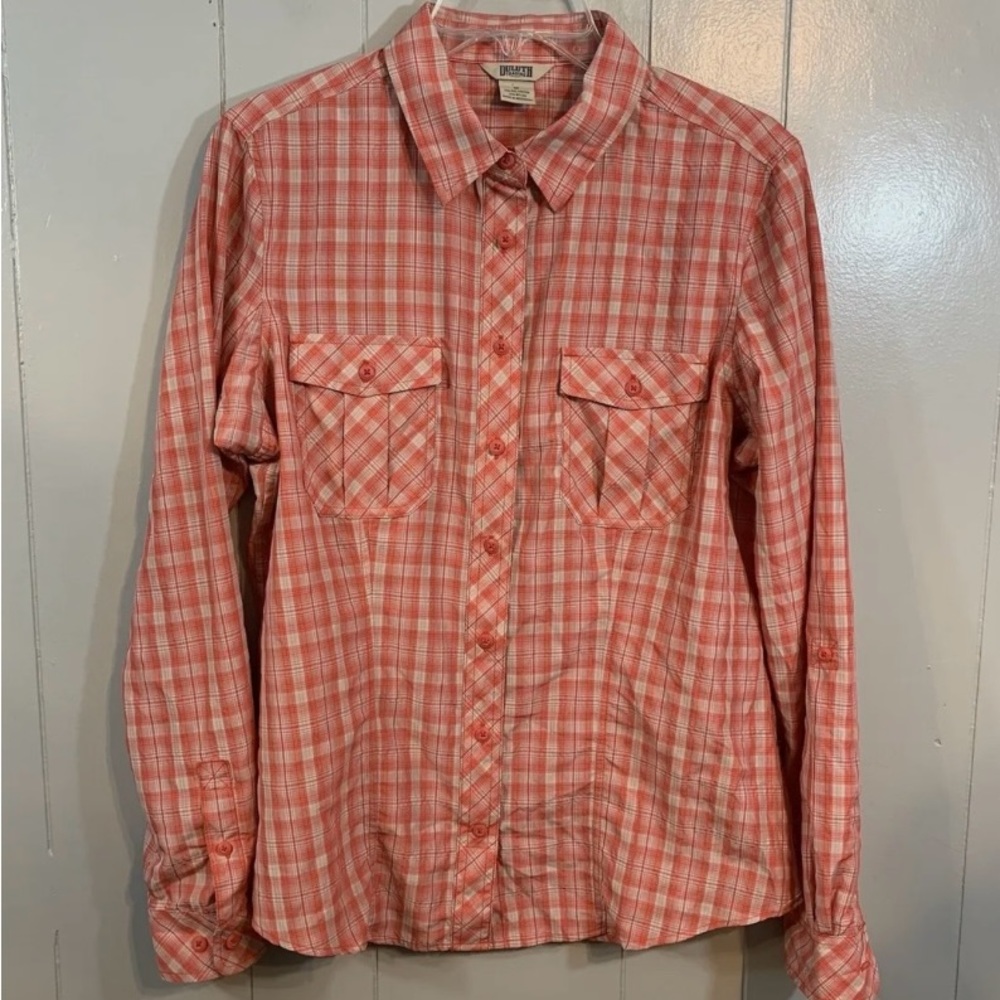 Duluth Trading Co Women’s orange plaid long sleeve button up shirt. Size‎ L